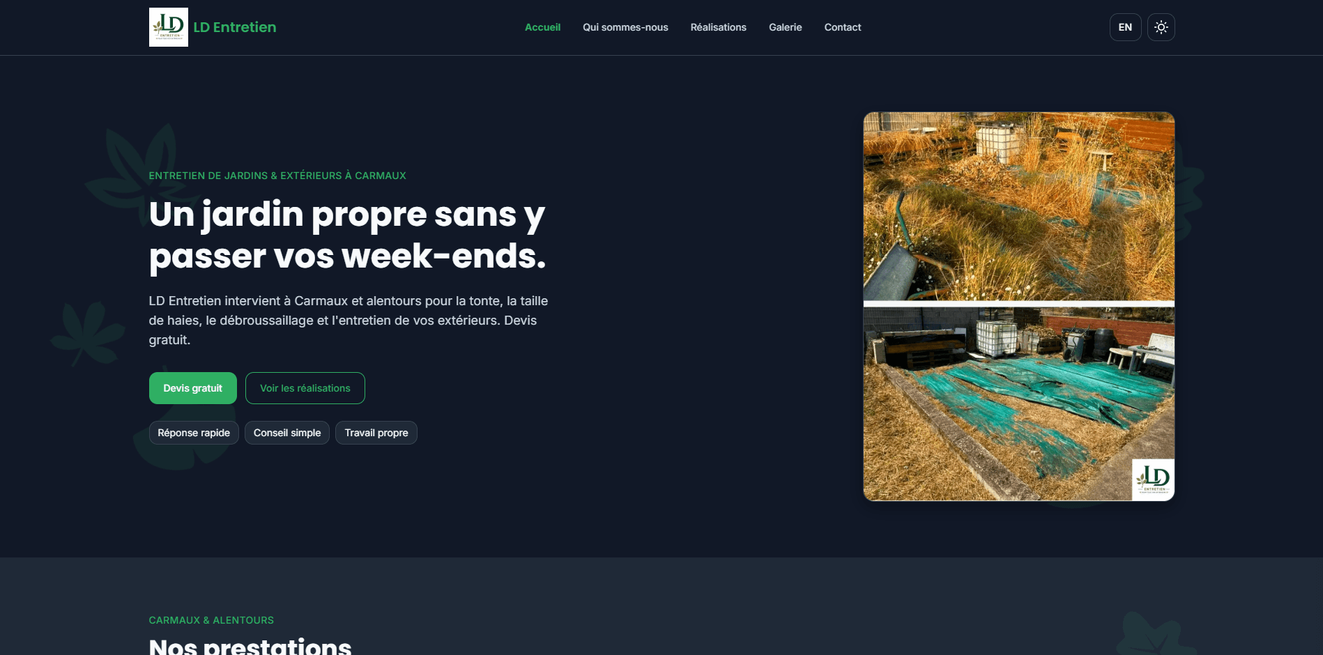 Screenshot of the LD Entretien website: garden and exterior maintenance in Carmaux, built by Querelio